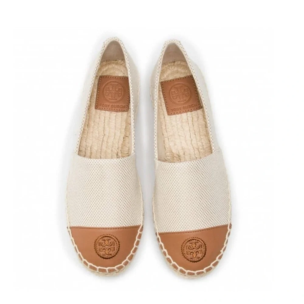 Tory Burch Canvas Leather Espadrilles Womens 6 Natural Ambra Excellent Logo Flat